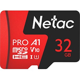 მეხსიერების ბარათი Netac NT02P500PRO-032G-S, 32GB, microSDHC, C10, UHS-I, U1, Black/Red